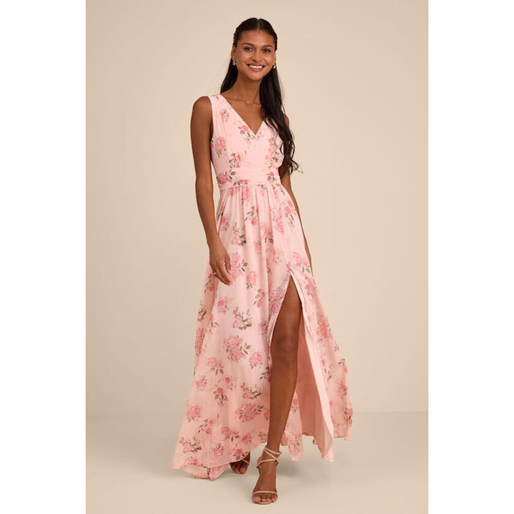 Lulus Heavenly Hues Blush Floral Surplice Maxi Dress Pink - Size L
